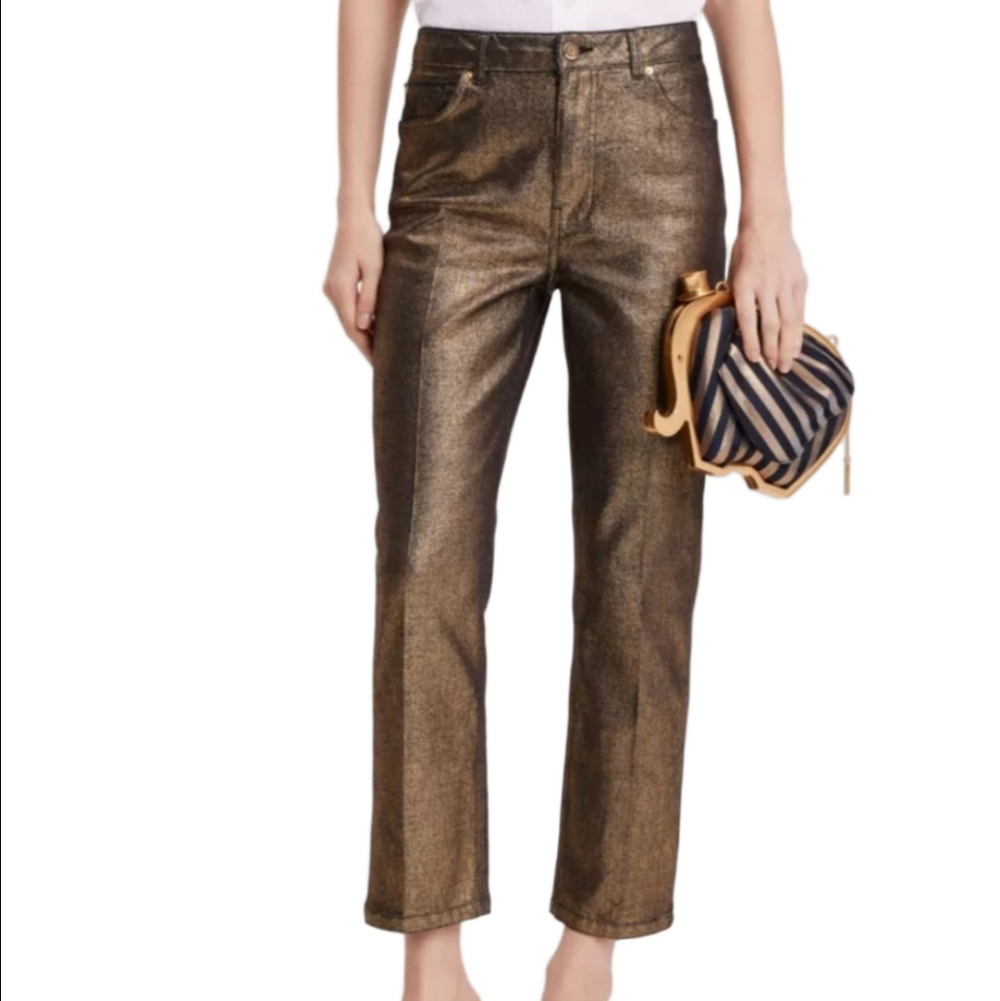 NEW Kate Spade Gold Metallic Stretch Denim Straight Leg Mid Rise Crop Pant Jean